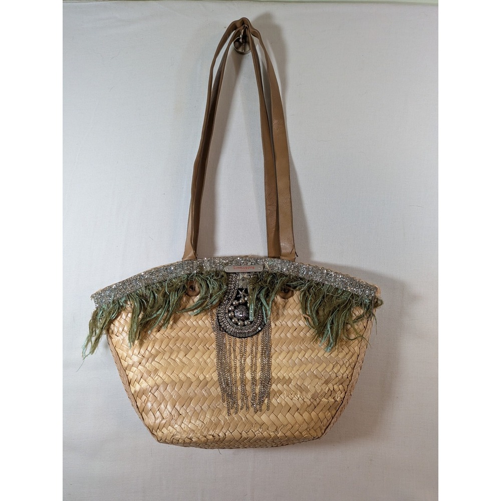 Simbosastre Straw Tote Bag Embellished Crystal Fringe Boho Woven Basket Tan